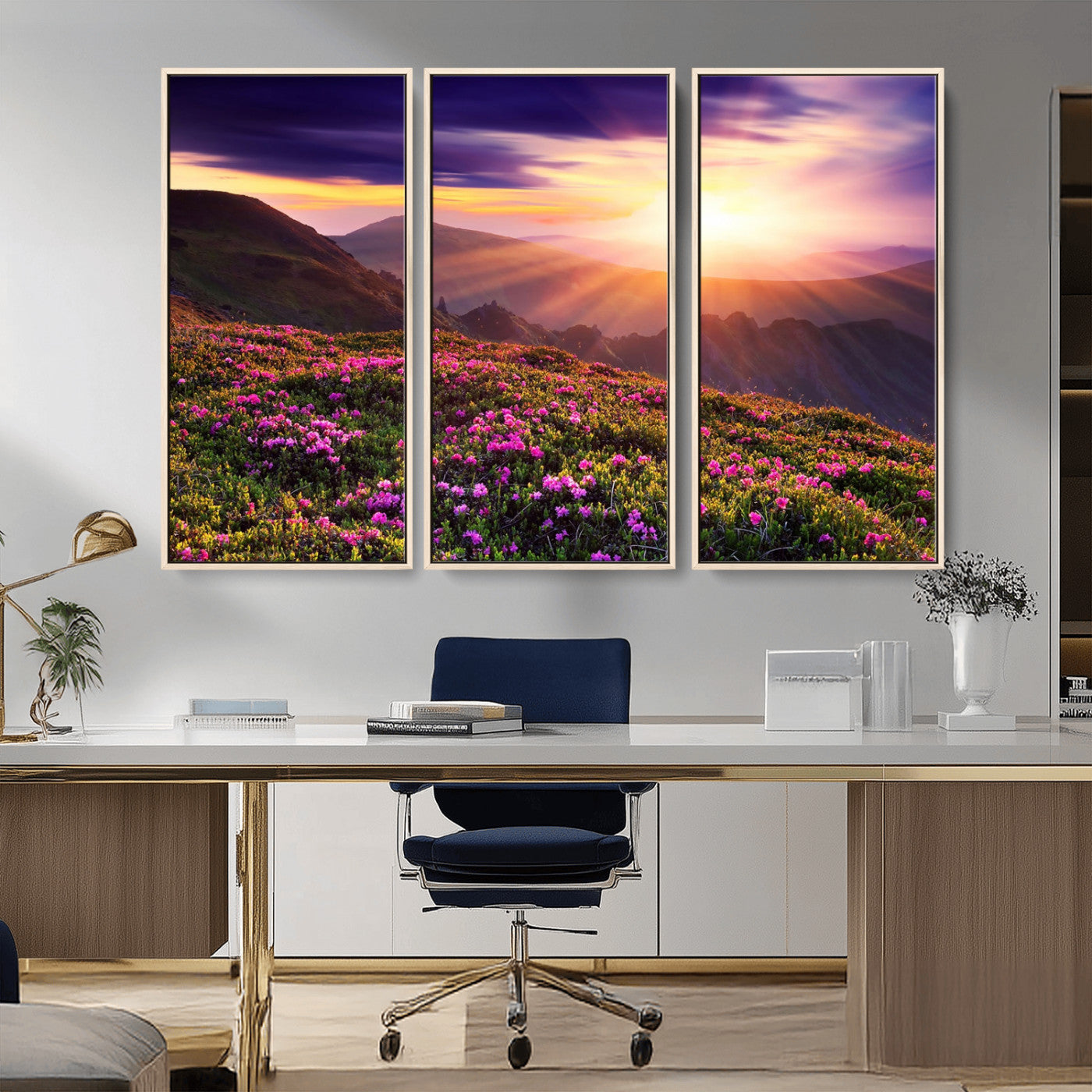 -Mountain Sunrise Wall Art – Vibrant Floral Landscape Canvas Print, Nature Home Decor for Living Room, Bedroom Office or Cabin