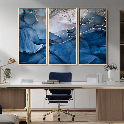 27810-MGV-FC-48X32-3P_Natural-Abstract Blue Gold Fluid Art Wall Decor – Modern Canvas Print, Elegant Home & Office Wall Art, Stylish Living Room or Bedroom Decoration