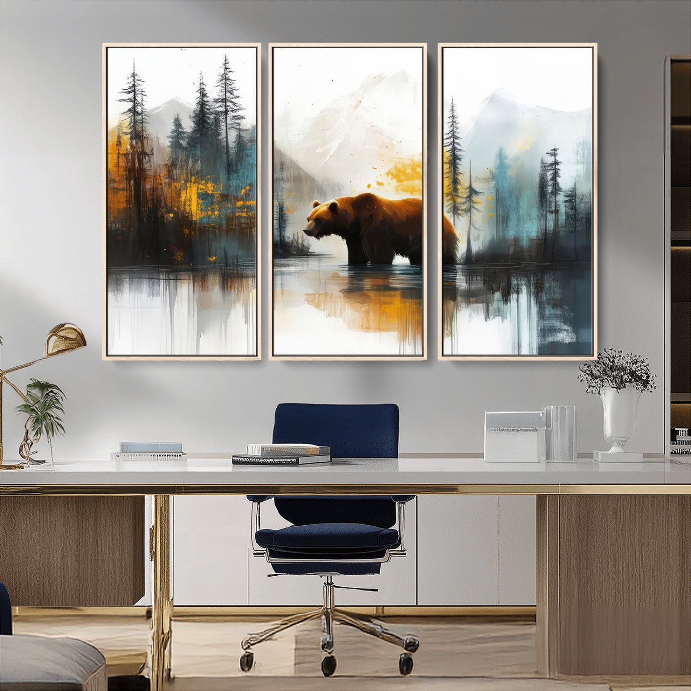 A majestic bear stands by the serene waters of a misty forest, surrounded by towering trees and distant mountains, evoking the raw beauty and wild spirit of nature.