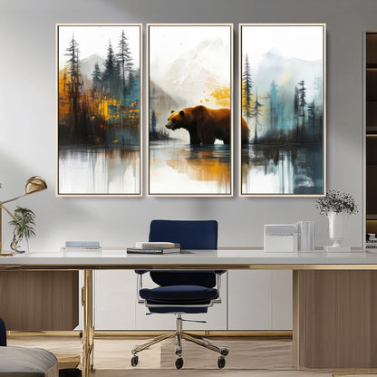 A majestic bear stands by the serene waters of a misty forest, surrounded by towering trees and distant mountains, evoking the raw beauty and wild spirit of nature.