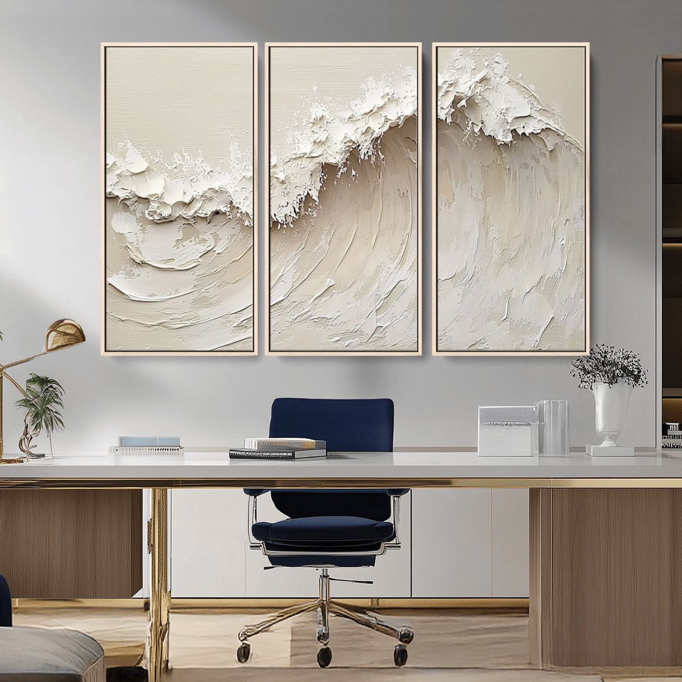 Textured canvas of an abstract white ocean wave in neutral tones, ideal for modern coastal or minimalist home decor.