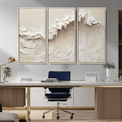 Textured canvas of an abstract white ocean wave in neutral tones, ideal for modern coastal or minimalist home decor.