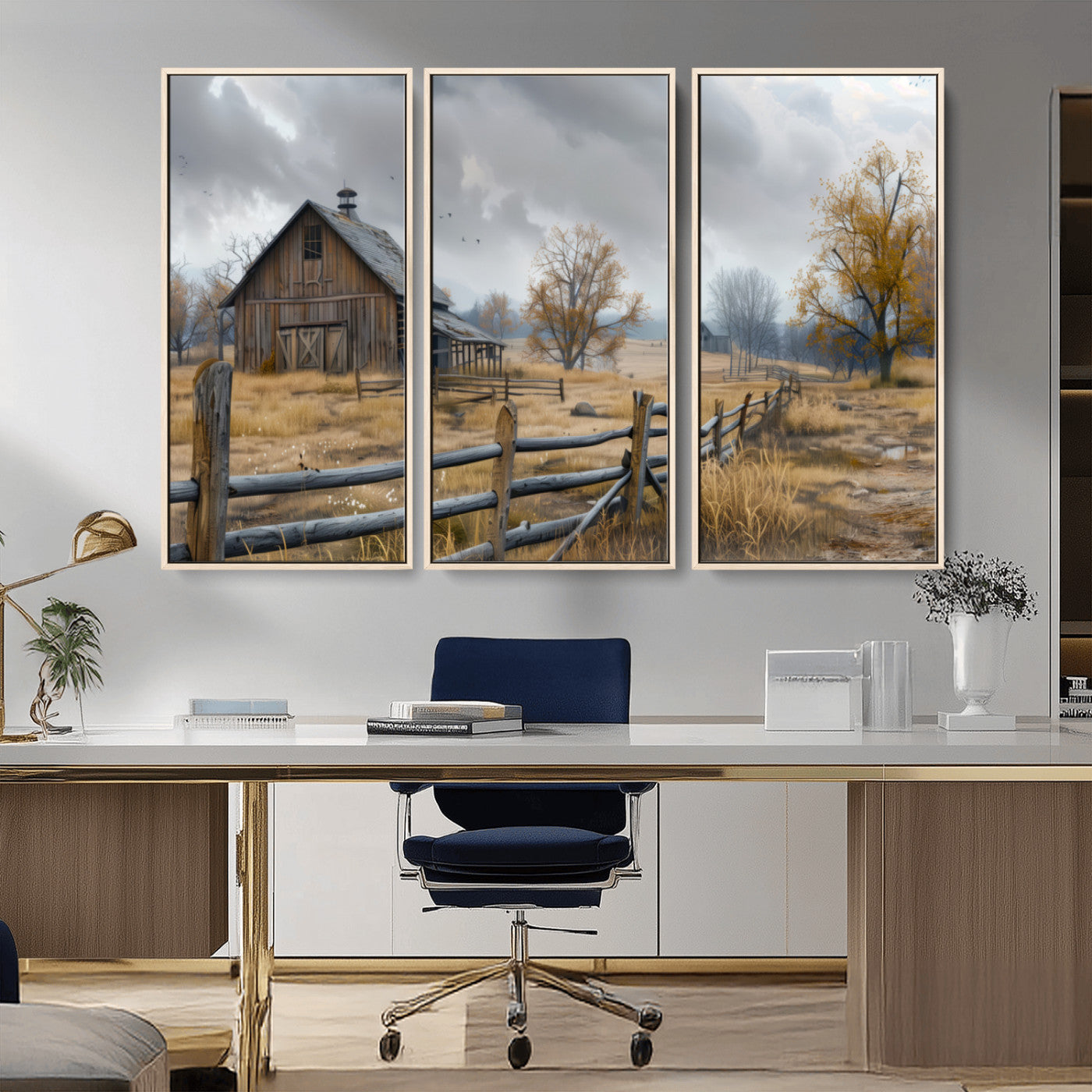 A tranquil rural scene featuring a rustic barn, overcast skies, and golden fields with scattered trees, evoking a sense of peaceful solitude in nature.