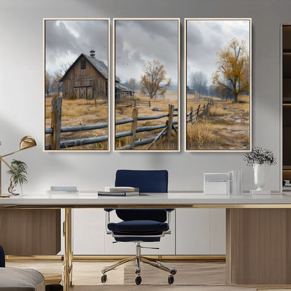 A tranquil rural scene featuring a rustic barn, overcast skies, and golden fields with scattered trees, evoking a sense of peaceful solitude in nature.