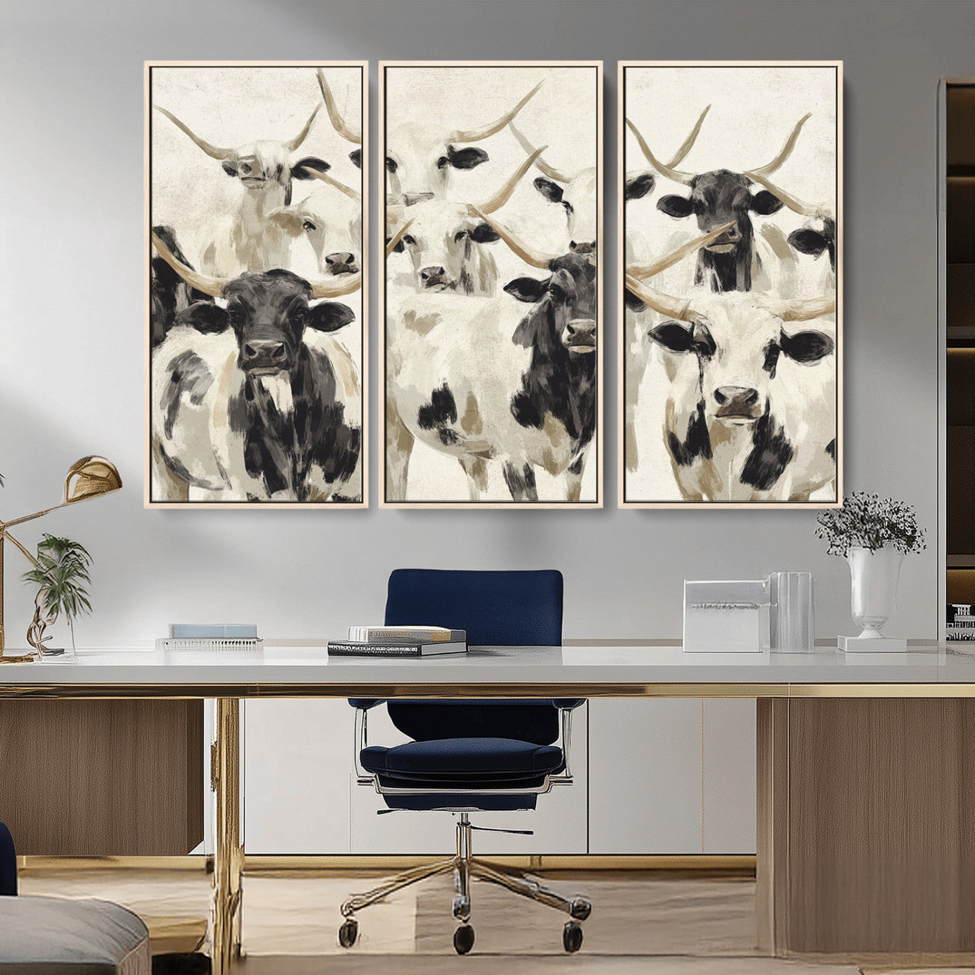 Canvas of a Texas Longhorn cattle herd in neutral black and white tones, ideal for rustic farmhouse or western-themed decor.