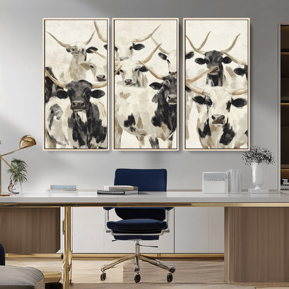 Canvas of a Texas Longhorn cattle herd in neutral black and white tones, ideal for rustic farmhouse or western-themed decor.