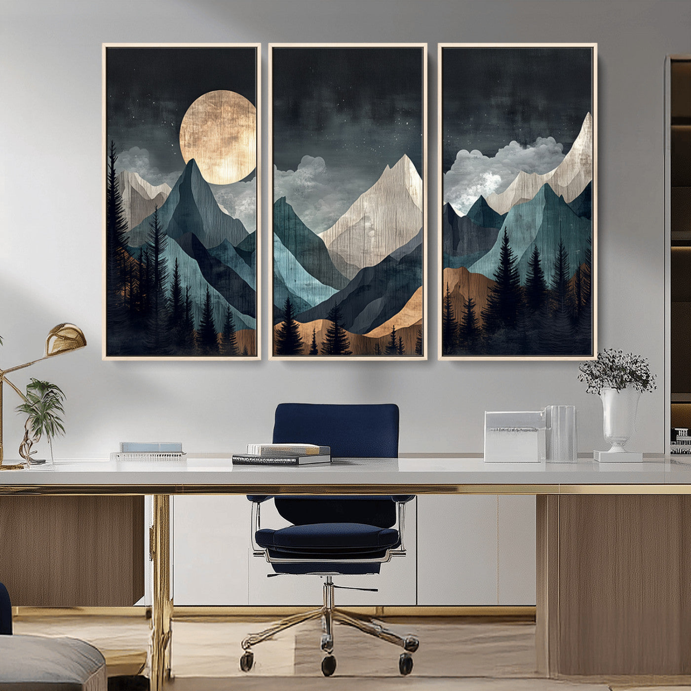 Stylized canvas of layered mountains under a full moon in neutral moody tones, ideal for nature-inspired or modern rustic interiors.