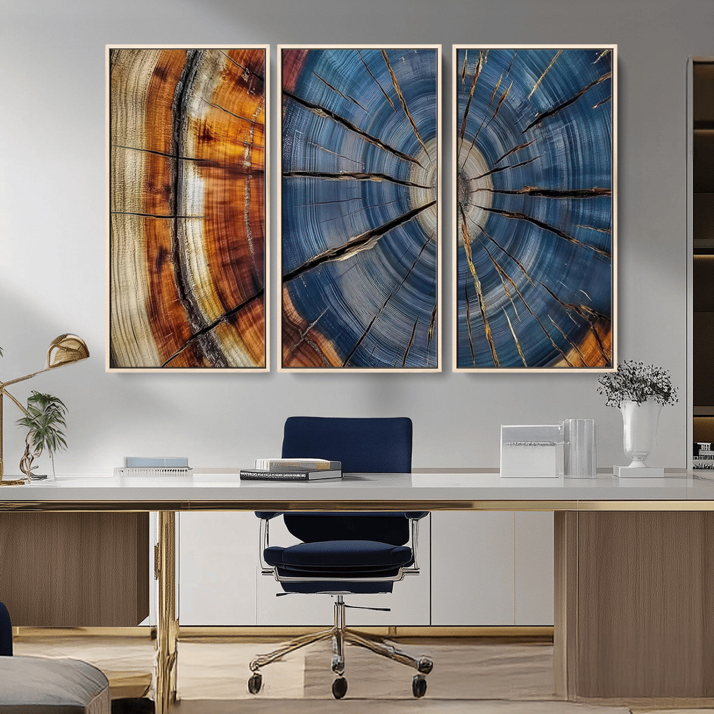 A stunning close-up view of a tree trunk, showcasing the intricate growth rings in a vibrant mix of warm browns, cool blues, and hints of natural texture.