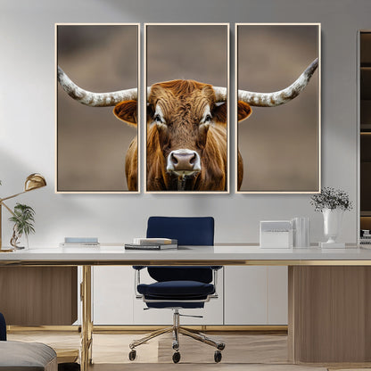 Close-up of a Texas Longhorn with strong curved horns and warm brown tones, perfect for rustic or western-style wall decor.
