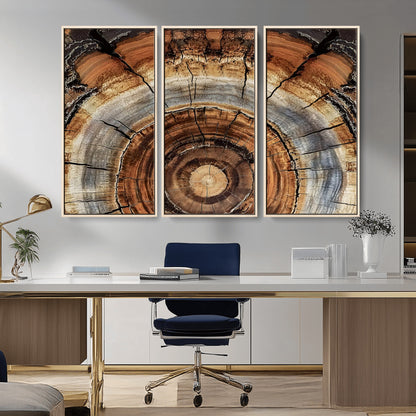 Canvas of tree rings and natural wood grain in earthy tones, ideal for rustic or vintage-inspired home decor with organic textures.