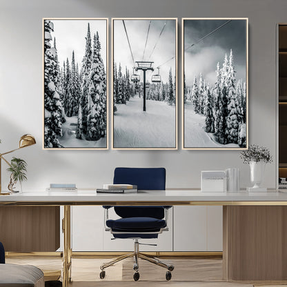 Canvas of a snowy ski lift scene through a forest of tall pine trees, ideal for moody winter or alpine-themed home decor.
