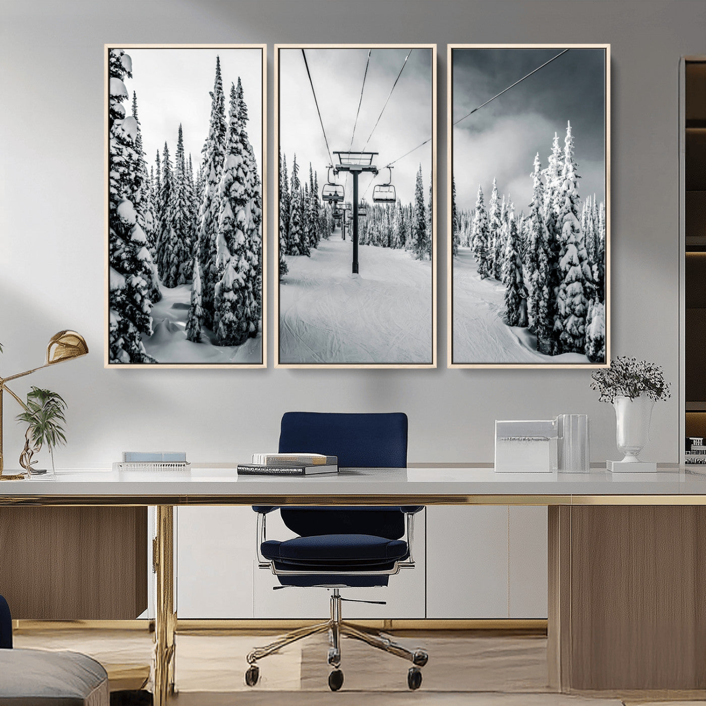 Canvas of a snowy ski lift scene through a forest of tall pine trees, ideal for moody winter or alpine-themed home decor.