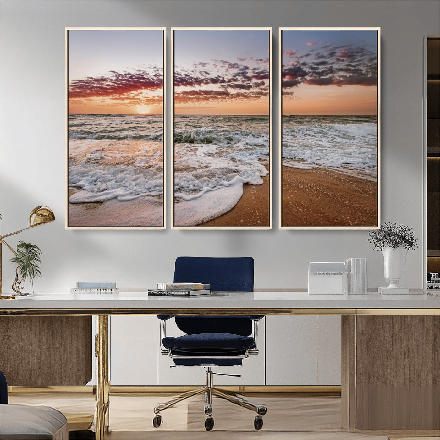Canvas of a sunset over a foamy ocean shore with warm light and gentle waves, ideal for coastal or beach-themed home decor.