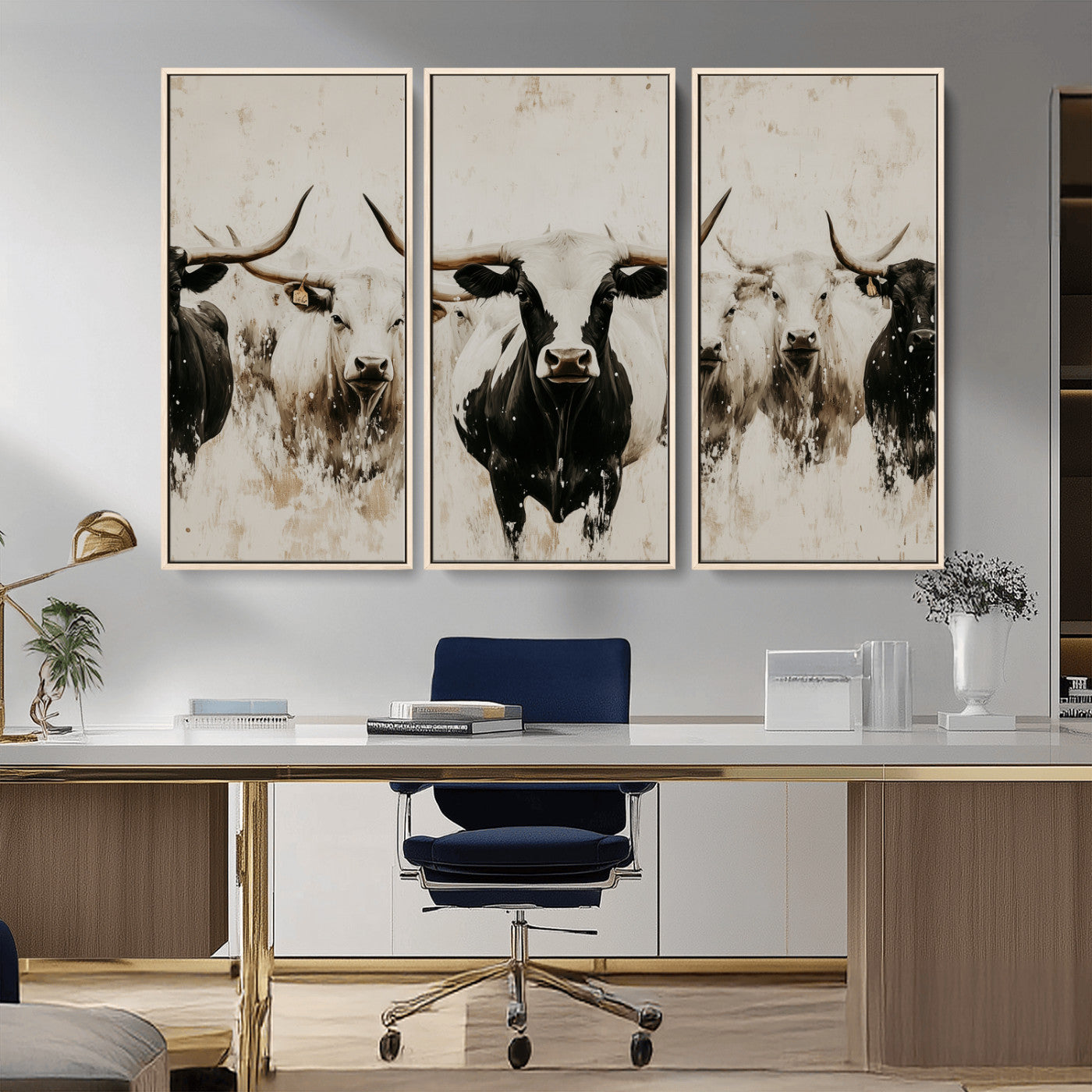 Illustrated herd of longhorn cattle in black and white tones with a neutral textured background, perfect for rustic or farmhouse-style decor.