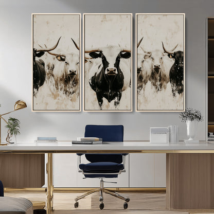 Illustrated herd of longhorn cattle in black and white tones with a neutral textured background, perfect for rustic or farmhouse-style decor.