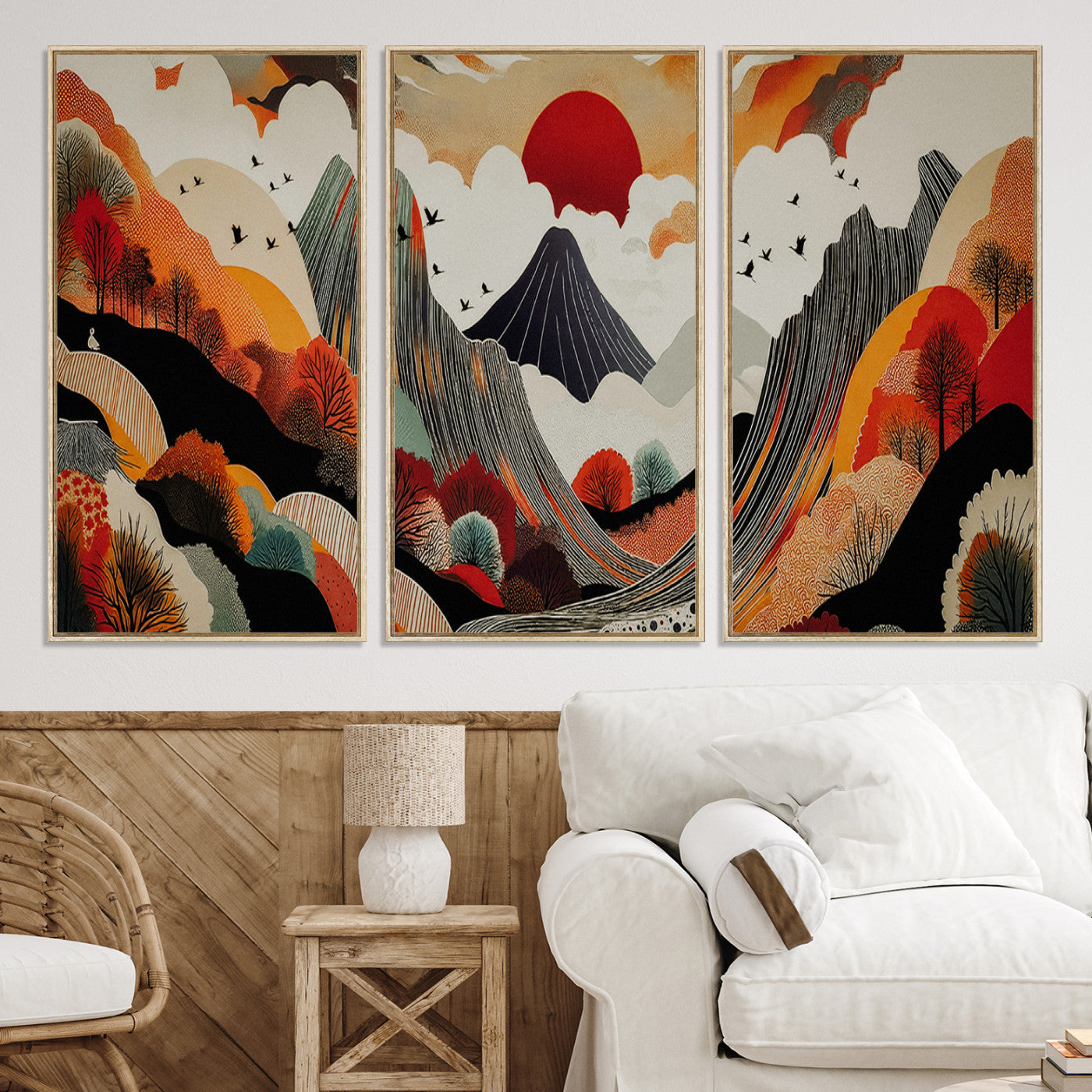 Abstract Mountain Wall Art Canvas Print, Vibrant Landscape Print, Framed Stylized Nature Drawing Art Print, Large Sunset Mountains Printing Perfect for Contemporary Minimalist Decor