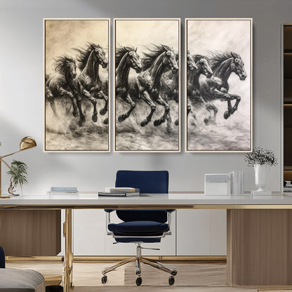 Monochrome drawing of a herd of galloping horses, perfect for dynamic and wild-themed decor in any equestrian or nature-inspired room.