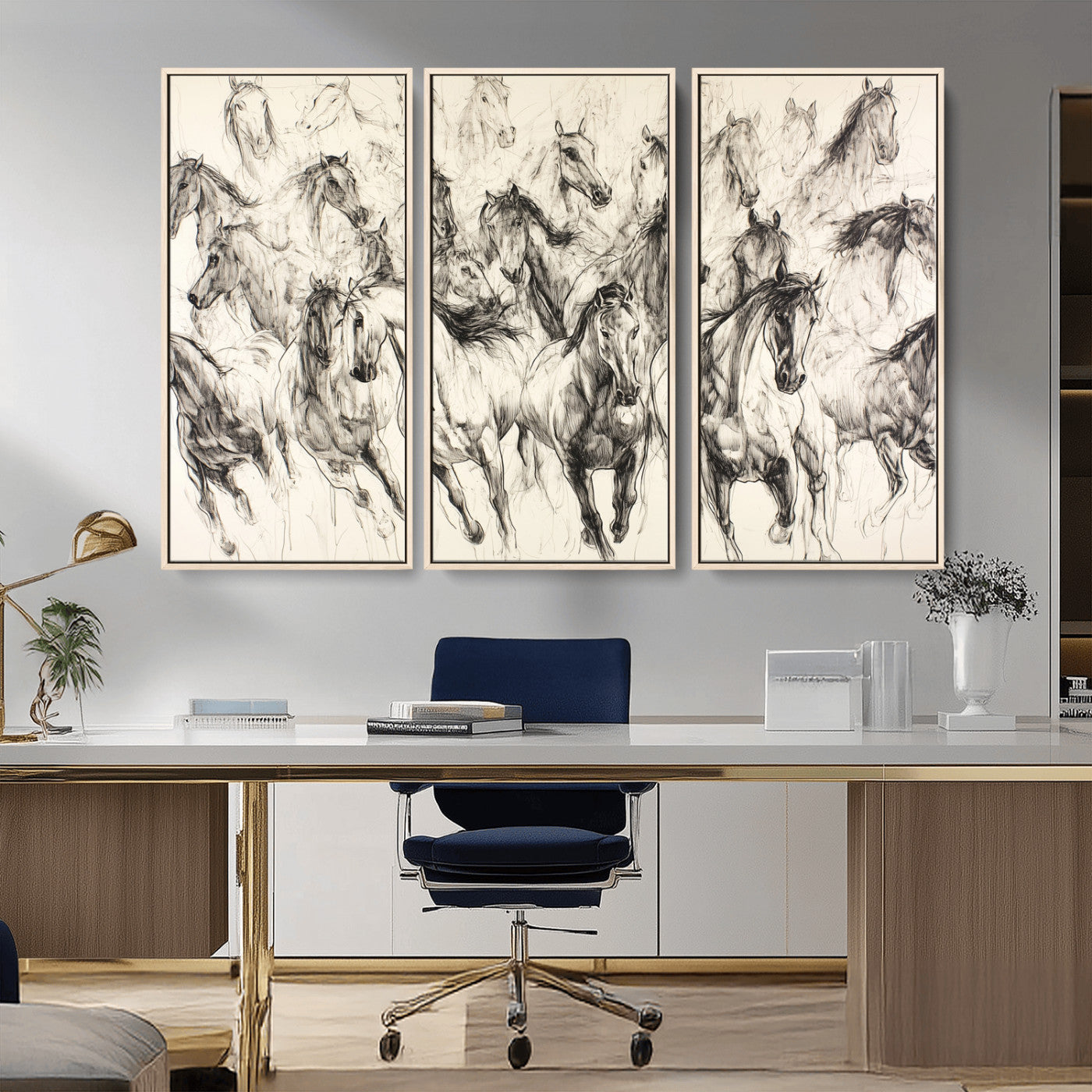 Monochrome ink sketch of galloping horses in dynamic motion, perfect for western or equine-themed wall decor with bold artistic energy.