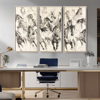 Monochrome ink sketch of galloping horses in dynamic motion, perfect for western or equine-themed wall decor with bold artistic energy.