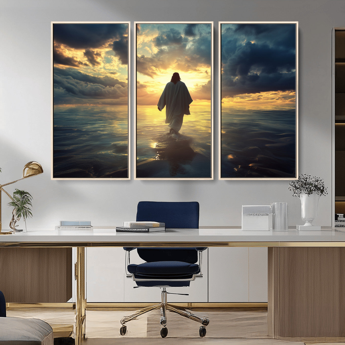 Spiritual artwork of Jesus walking on water at golden hour with divine light, ideal for Christian home decor or prayer room.
