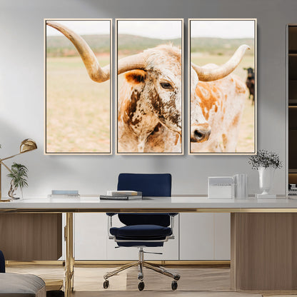 Close-up of a speckled Texas Longhorn in warm prairie tones, perfect for rustic western or countryside-themed room decor.