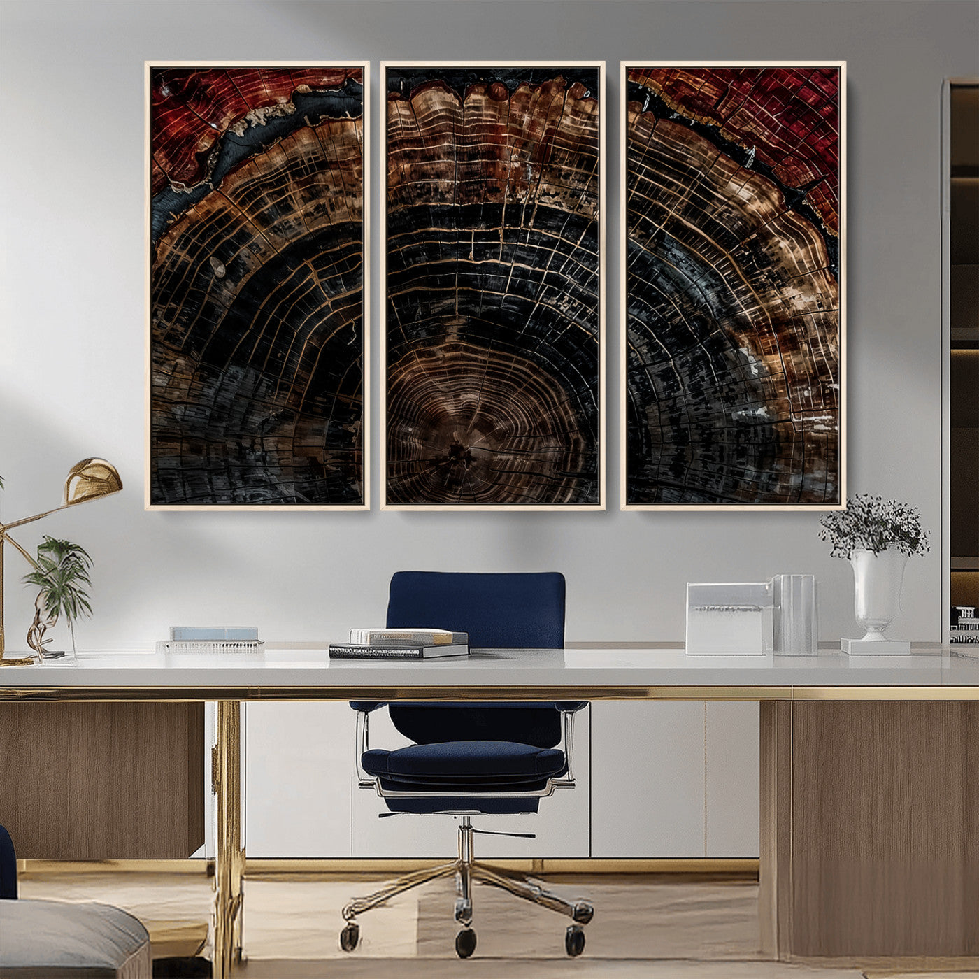 Dark Wood Wall Art Print - Petrified Tree Canvas Print, featuring an intricate tree ring pattern with deep earthy tones and organic textures, perfect for rustic and nature-inspired decor.