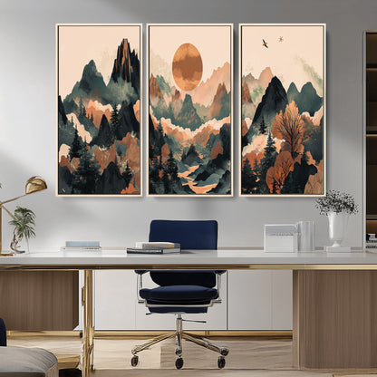 Mountain Landscape Wall Art Print - Sunset Hills Canvas Print, featuring an abstract nature scene with earthy tones and misty peaks, perfect for boho and modern decor.