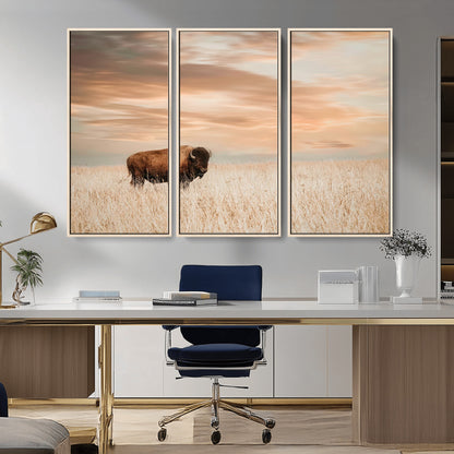 Bison Wall Art Print - Buffalo Canvas Print, featuring a lone bison in a golden prairie under a warm sunset sky, perfect for rustic and farmhouse decor.