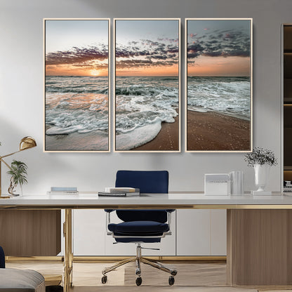 Ocean Sunset Wall Art Print - Beach Waves Canvas Print, featuring a serene seascape with golden sunlight reflecting on gentle waves, perfect for coastal and minimalist decor.