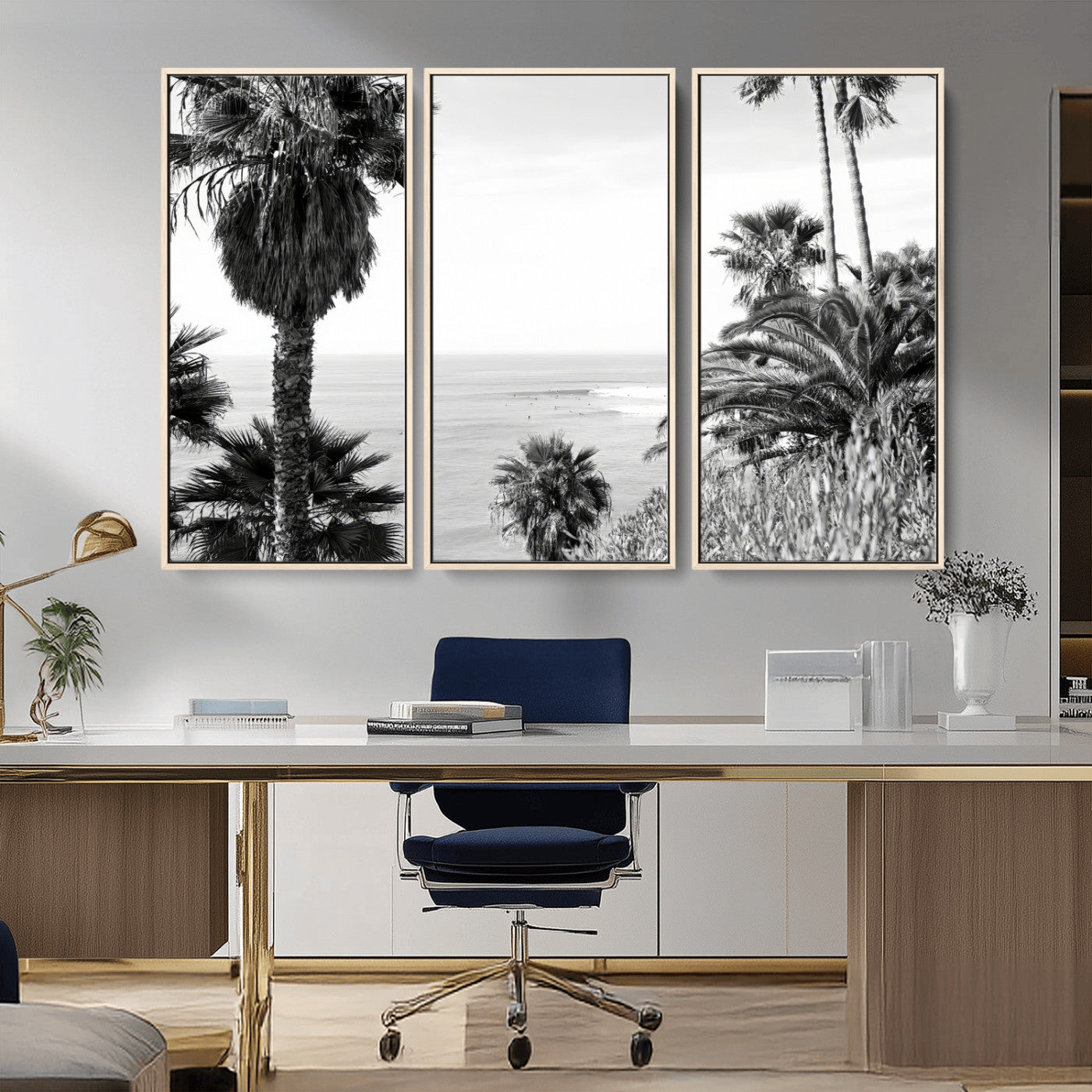 Monochrome canvas of palm trees framing a coastal surf scene, perfect for California-inspired or retro black-and-white beach decor.