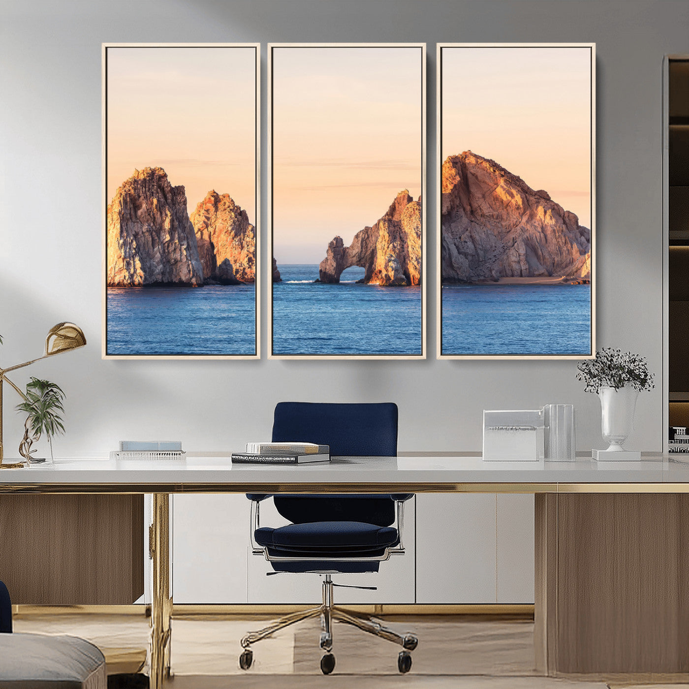 Framed canvas of El Arco rock formation in Cabo San Lucas at golden hour, ideal for coastal landmark or ocean-inspired decor.