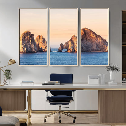 Framed canvas of El Arco rock formation in Cabo San Lucas at golden hour, ideal for coastal landmark or ocean-inspired decor.