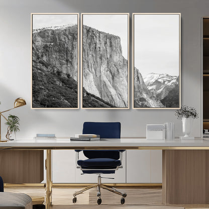Monochrome canvas of El Capitan’s granite wall in Yosemite with snowy peaks, ideal for dramatic mountain or black-and-white nature decor.