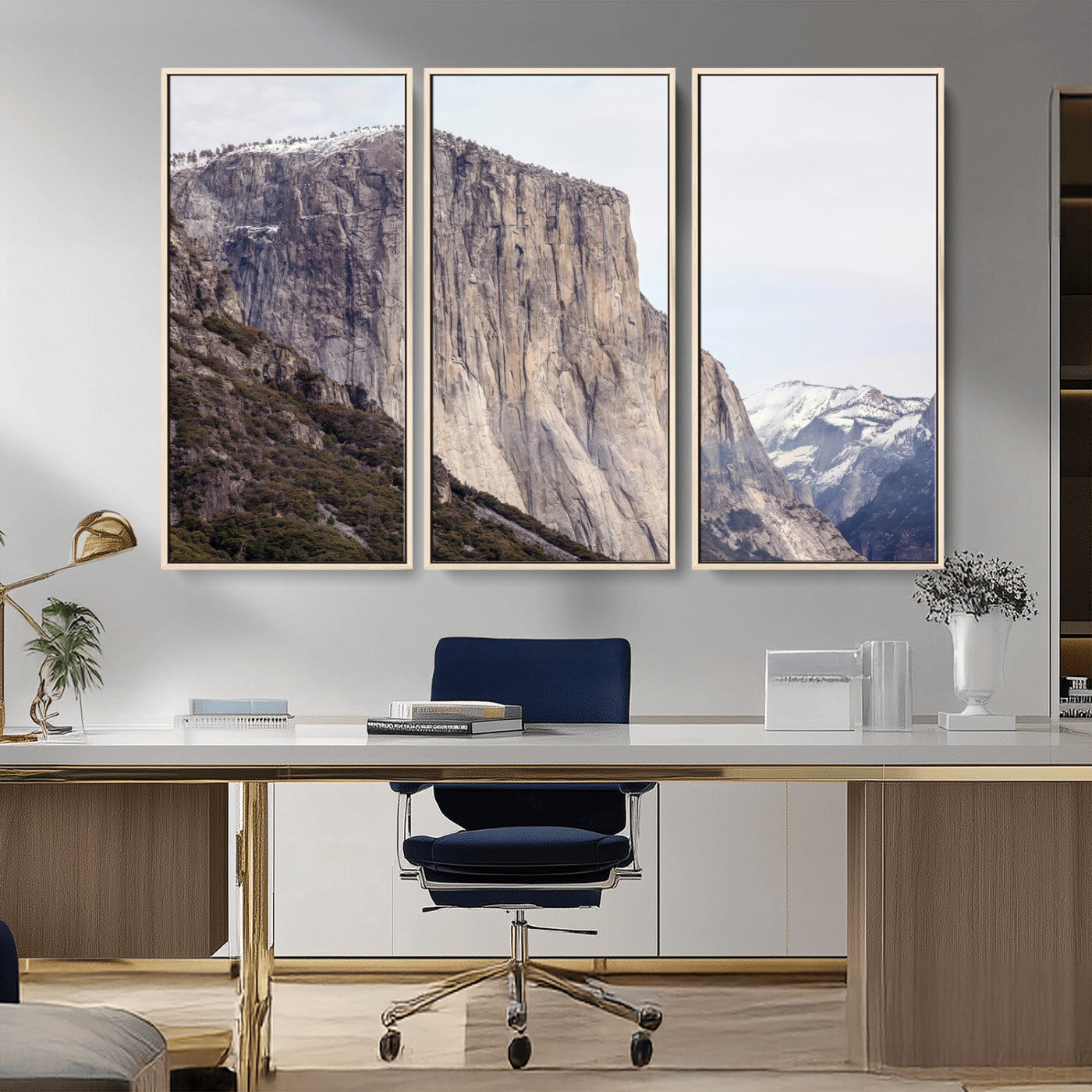 Framed canvas of El Capitan’s vertical granite face in Yosemite with snowy peaks, ideal for Sierra minimalism or mountain-inspired decor.