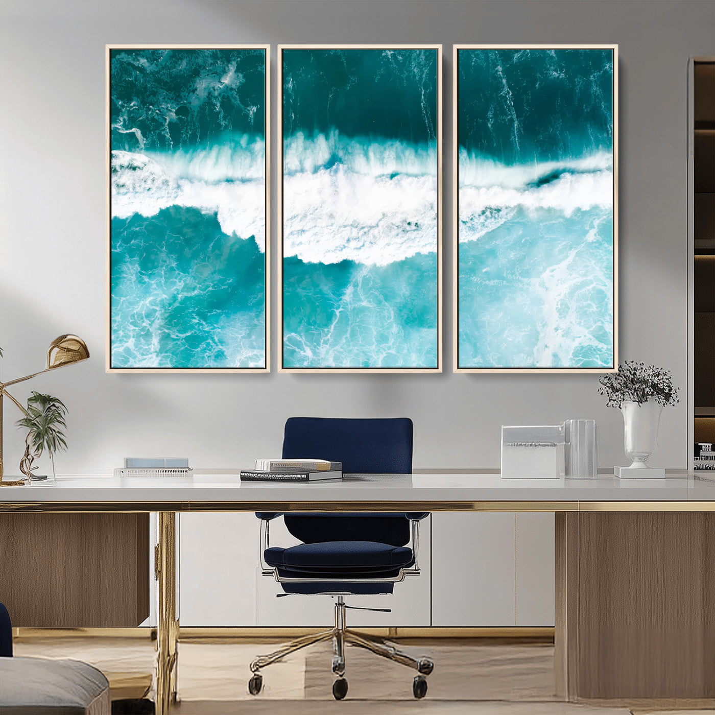 Aerial view of turquoise ocean waves crashing with white foam, perfect for tropical coastal or modern beach-style home decor.