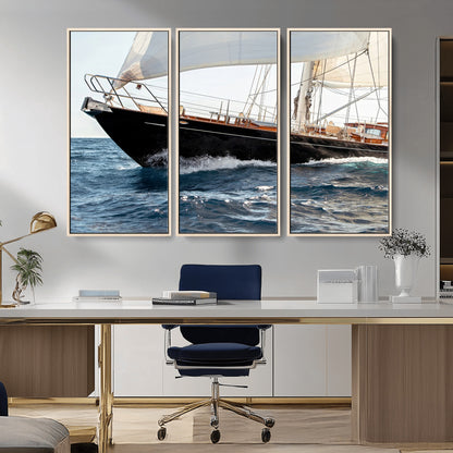 Close-up of a classic sailing yacht with wooden deck and full sails, perfect for nautical or coastal-style decor in ocean-themed spaces.