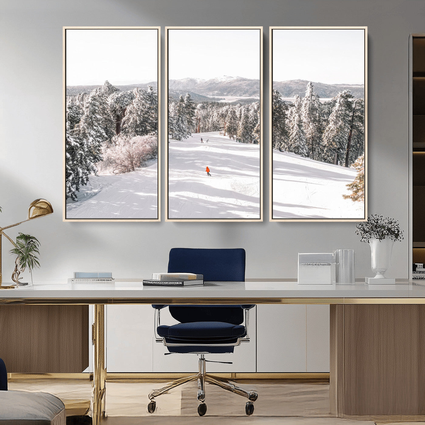 Bright ski trail lined with snow-covered pines and a skier in orange, perfect for alpine adventure or winter sports-inspired decor.