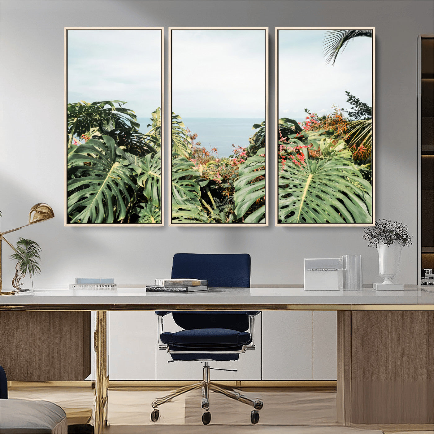 Monstera leaves and tropical flowers framing a calm ocean view, ideal for tropical coastal or exotic jungle-style interior wall decor.