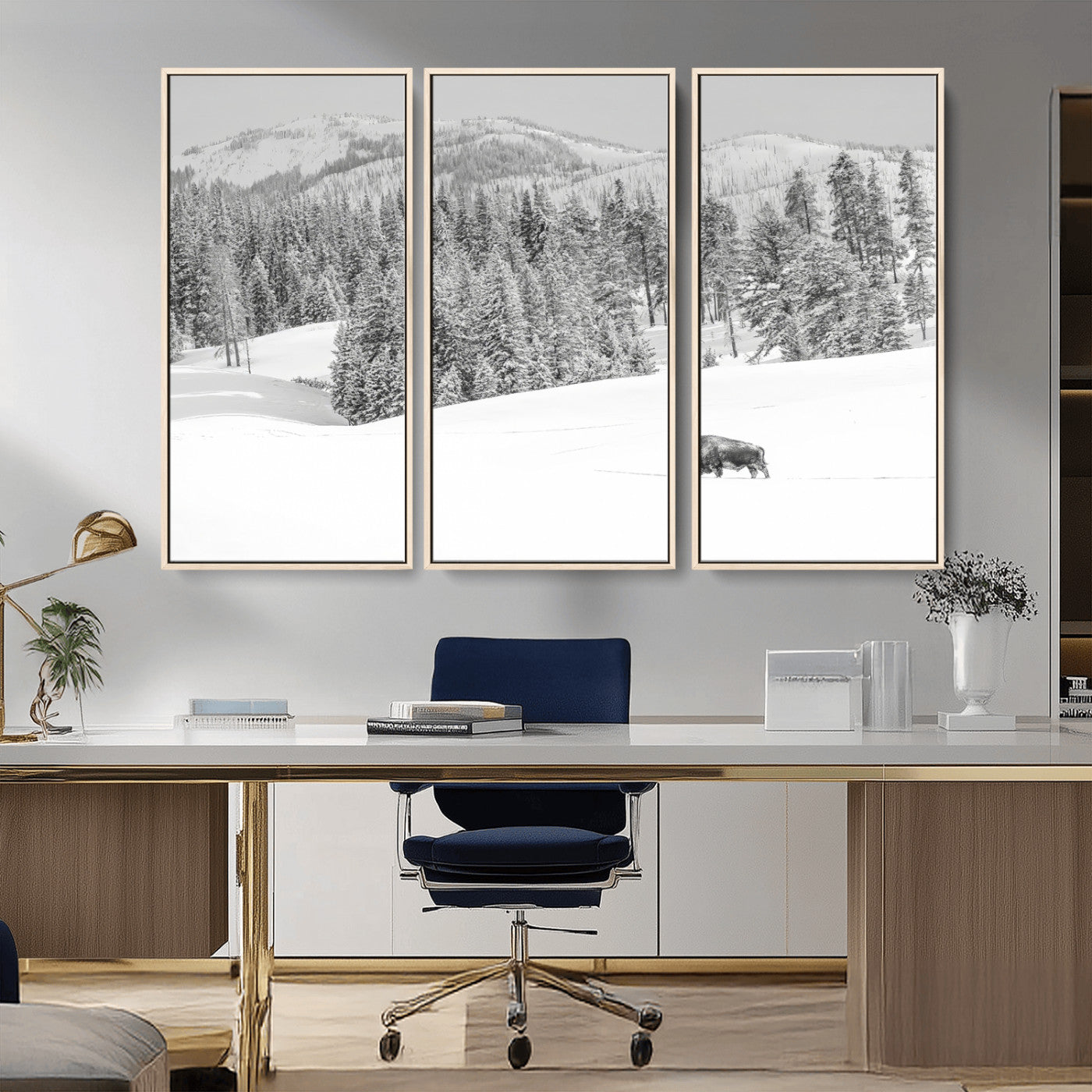 Snowy bison walking through white forest landscape, ideal for monochrome winter or wilderness-style interior wall decoration.