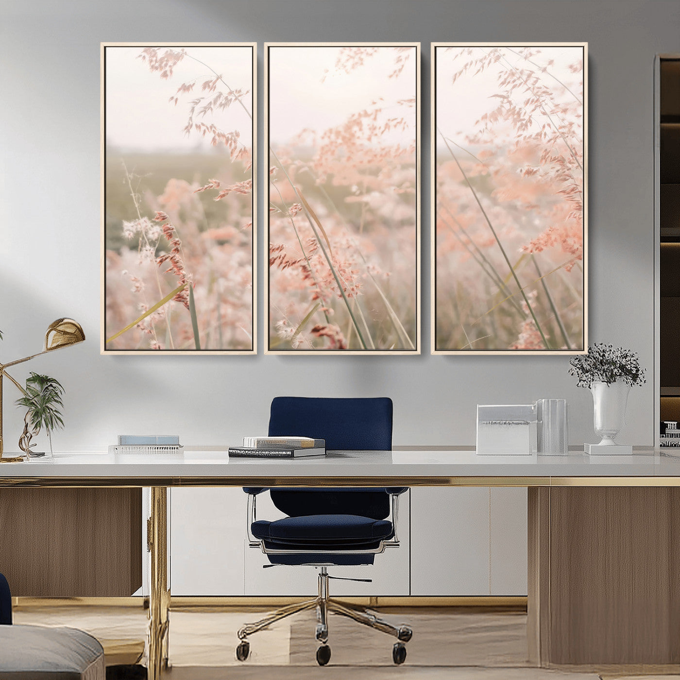 Soft pastel field with wild grasses in warm light, ideal for minimal nature or airy countryside-inspired interior wall decoration.