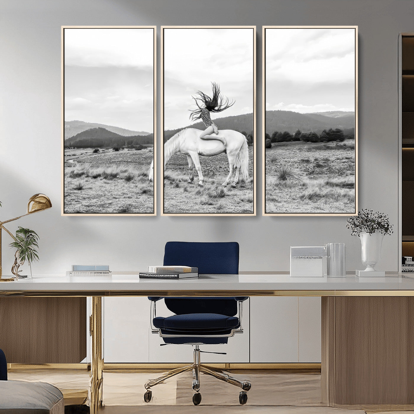 Black and white photo of a woman on a white horse in moody tones, ideal for Western Boho or modern rustic-style home decor.