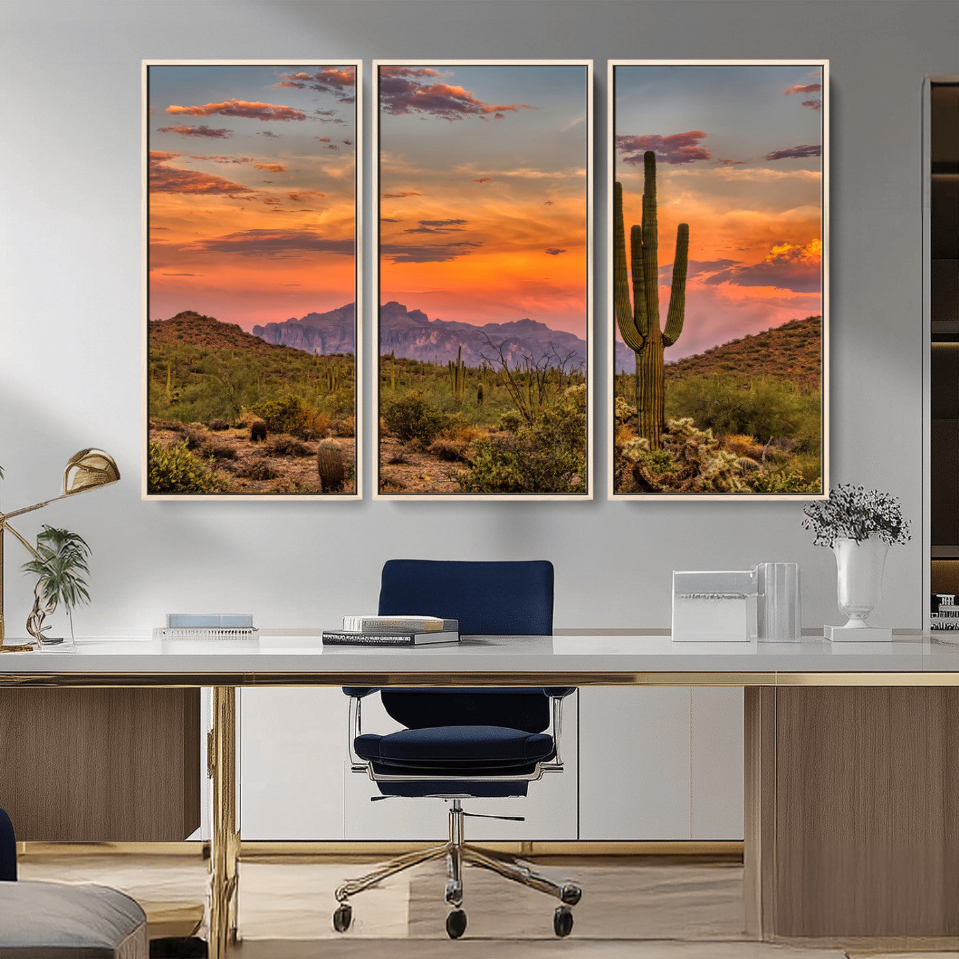 Vibrant desert sunset with saguaro cacti and distant mountains, perfect for Southwestern or warm-toned home decor.