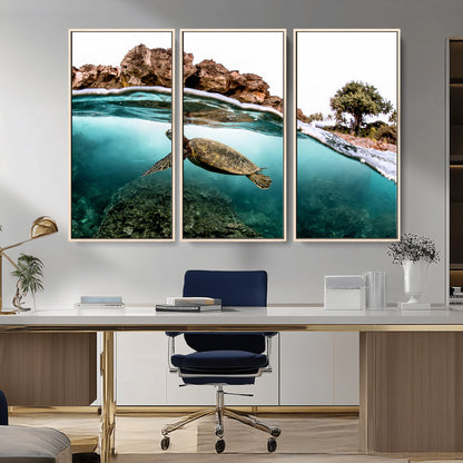 Dynamic split-view photo of a sea turtle swimming near rocky shores, perfect for vibrant coastal or tropical beach home decor.