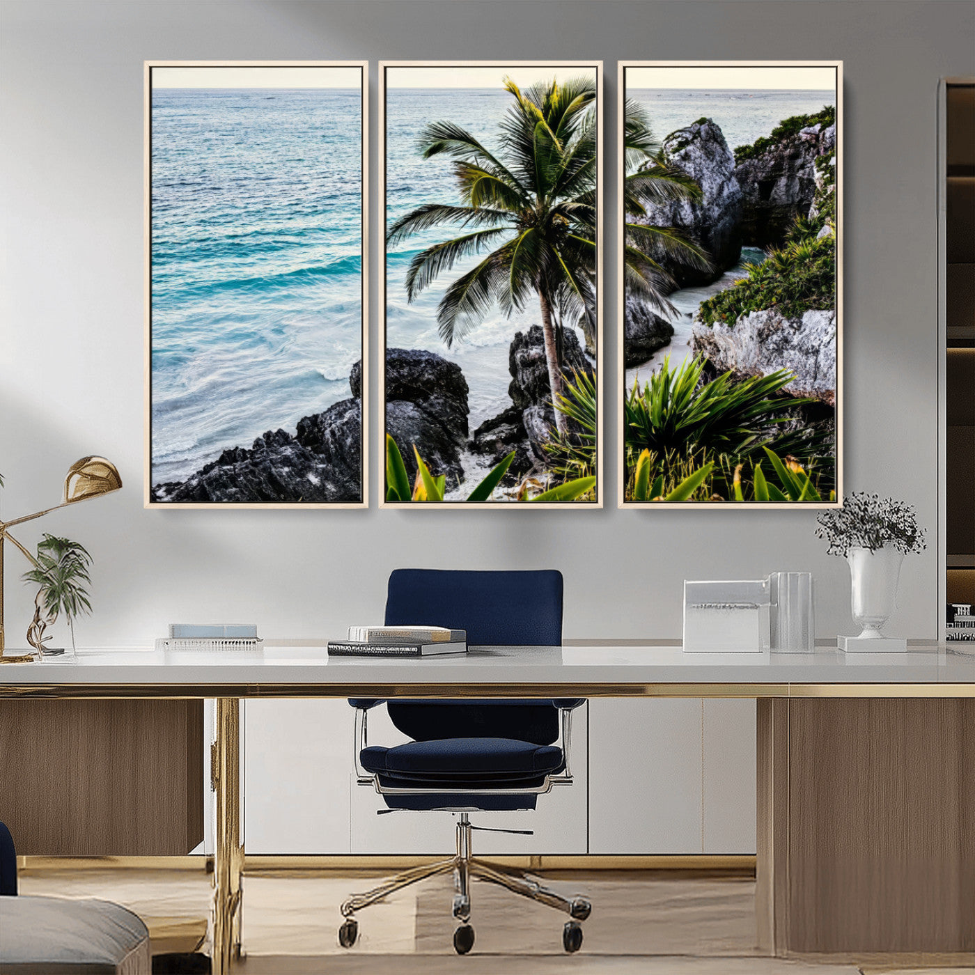 Framed canvas of a vibrant tropical coastline with palm trees, rocky cliffs, and turquoise waters, ideal for tropical coastal home decor.