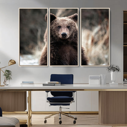 Canvas of a brown bear in soft earthy tones and moody forest light, ideal for rustic cabin or woodland nature-themed home decor.