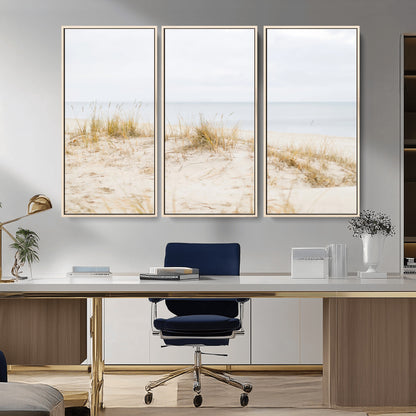 Canvas of soft beach dunes and coastal grasses in neutral tones, perfect for Scandinavian coastal or minimalist nature-inspired home decor.   2/2