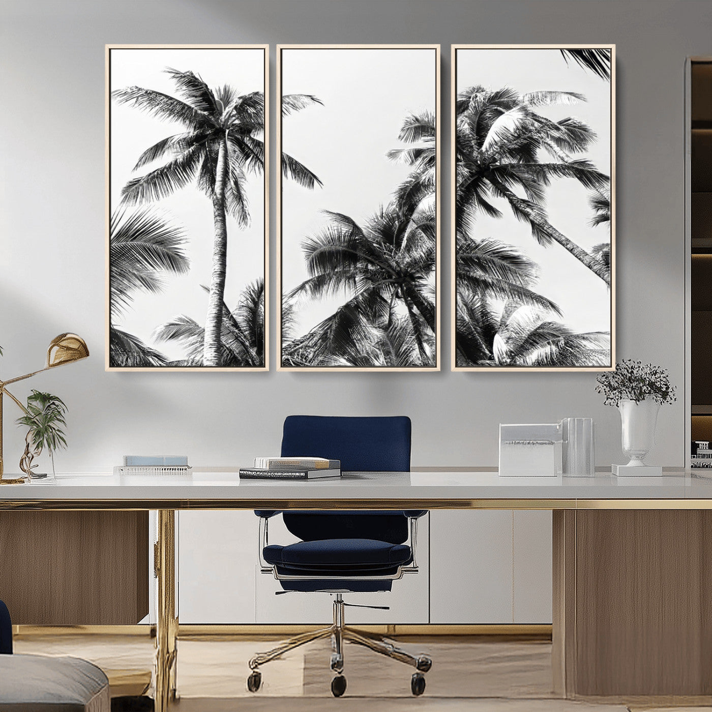 Black and white canvas of tall palm trees in moody tones, perfect for modern tropical minimalist or coastal-style home decor.