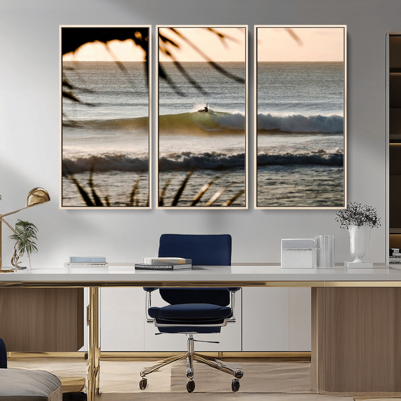 Photo of a surfer riding a golden hour wave at sunset, with tropical tones and dreamy light, perfect for tropical boho or coastal home decor.