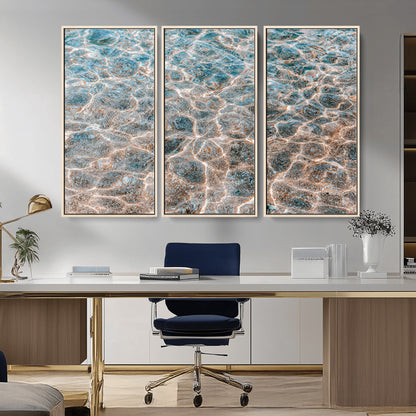 Close-up of sunlit ocean ripples with aqua blue and golden tones, ideal for modern coastal or minimalist home decor.