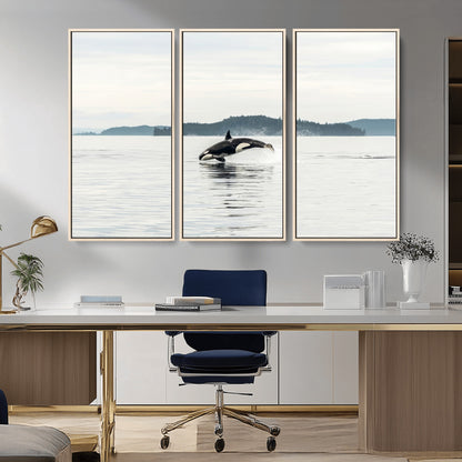 An orca jumping out of calm ocean waters with a misty island in the background, creating a serene and minimalist marine wildlife scene.
